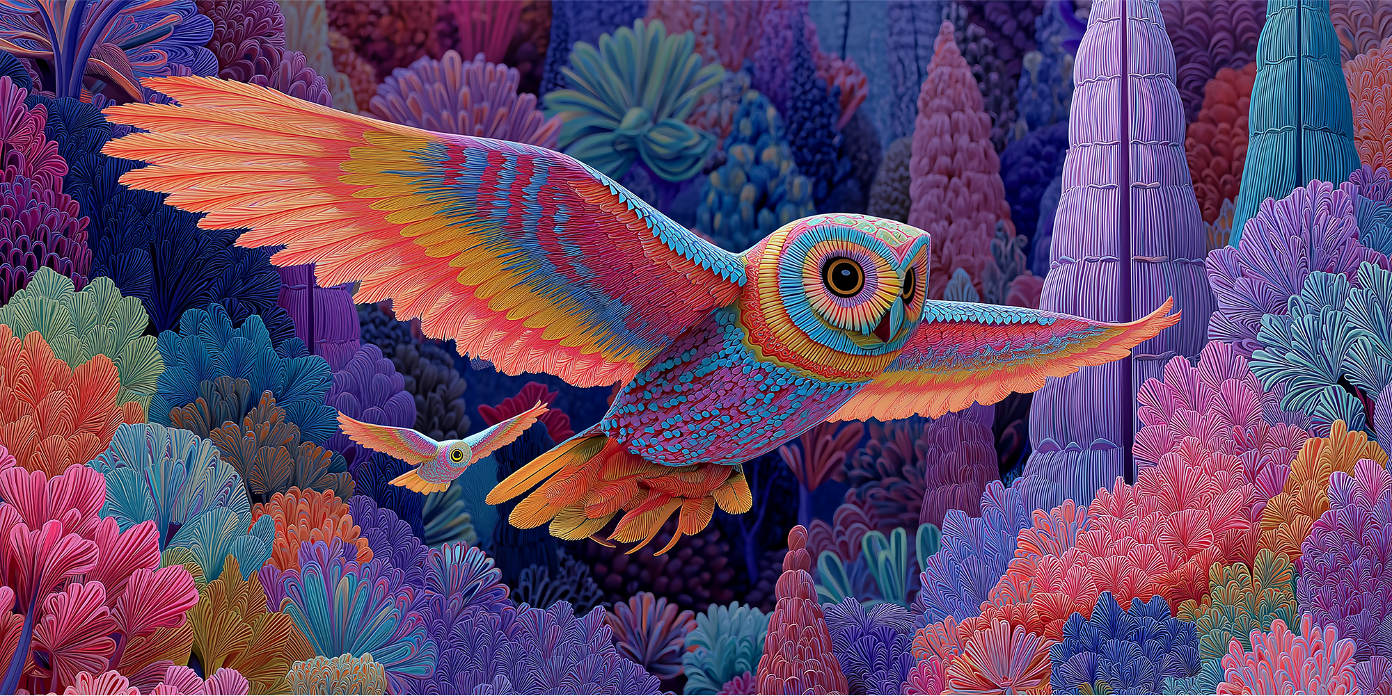 A colorful digital illustration of a pair of owls flying through a vibrant, fantasy-like forest filled with large, vividly colored plants and flowers in shades of pink, purple, blue, and green.