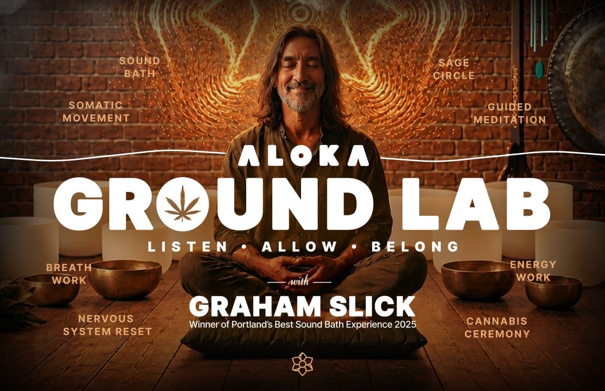 Aloka Ground Lab with Graham Slick: cannabis-friendly Thursday sound bath at Bodha Yoga, poster with singing bowls