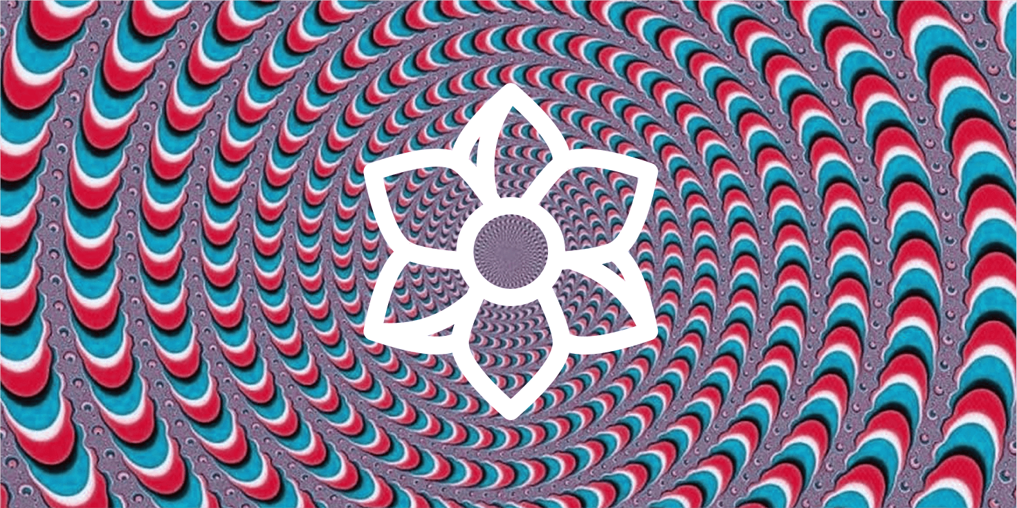 A colorful, hypnotic spiral pattern with red, teal, white, and purple elements. Overlaid by a white geometric flower-like graphic in the center.