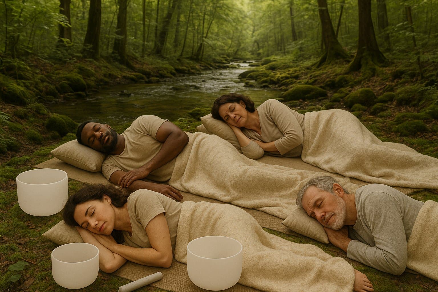 Four adults sleeping on mats in a forest with a creek in the background, surrounded by trees and moss.