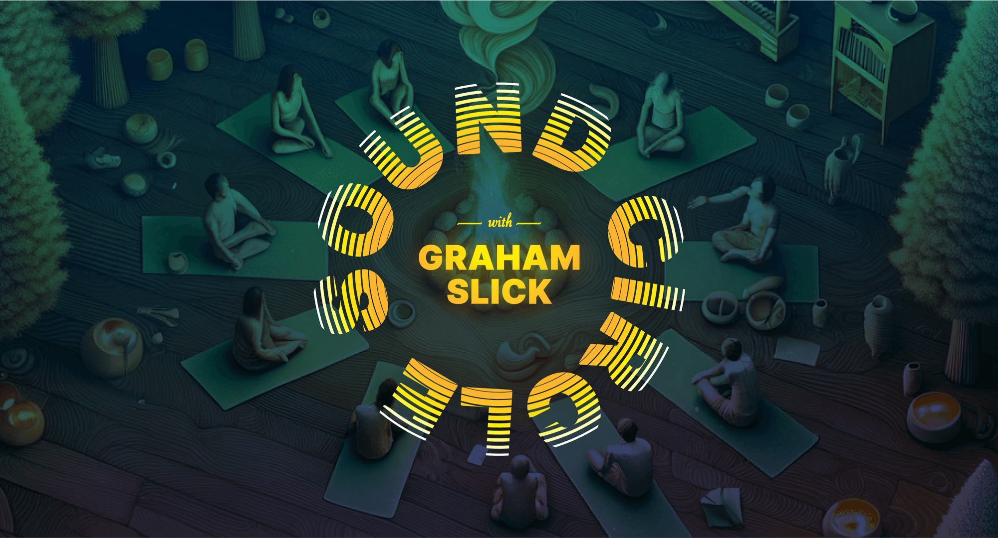 A group of people practicing yoga around a fire pit in an outdoor setting at dusk, with trees and shelves with vases and books in the background, and a circular graphic overlay with the text 'YOGA with GRAHAM SLICK'.