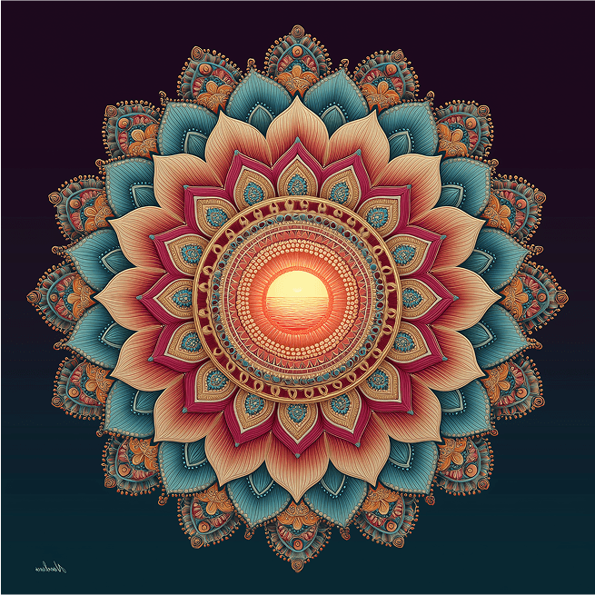 Colorful mandala with a sunset in the center, featuring layered petal-like shapes and intricate patterns in shades of pink, blue, orange, and gold against a dark background.