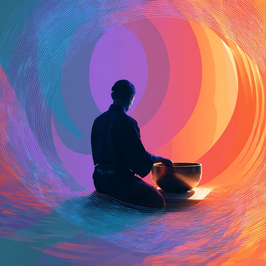 A person sitting on their knees, facing away, with a singing bowl in front of them, against a colorful abstract background with swirling lines.