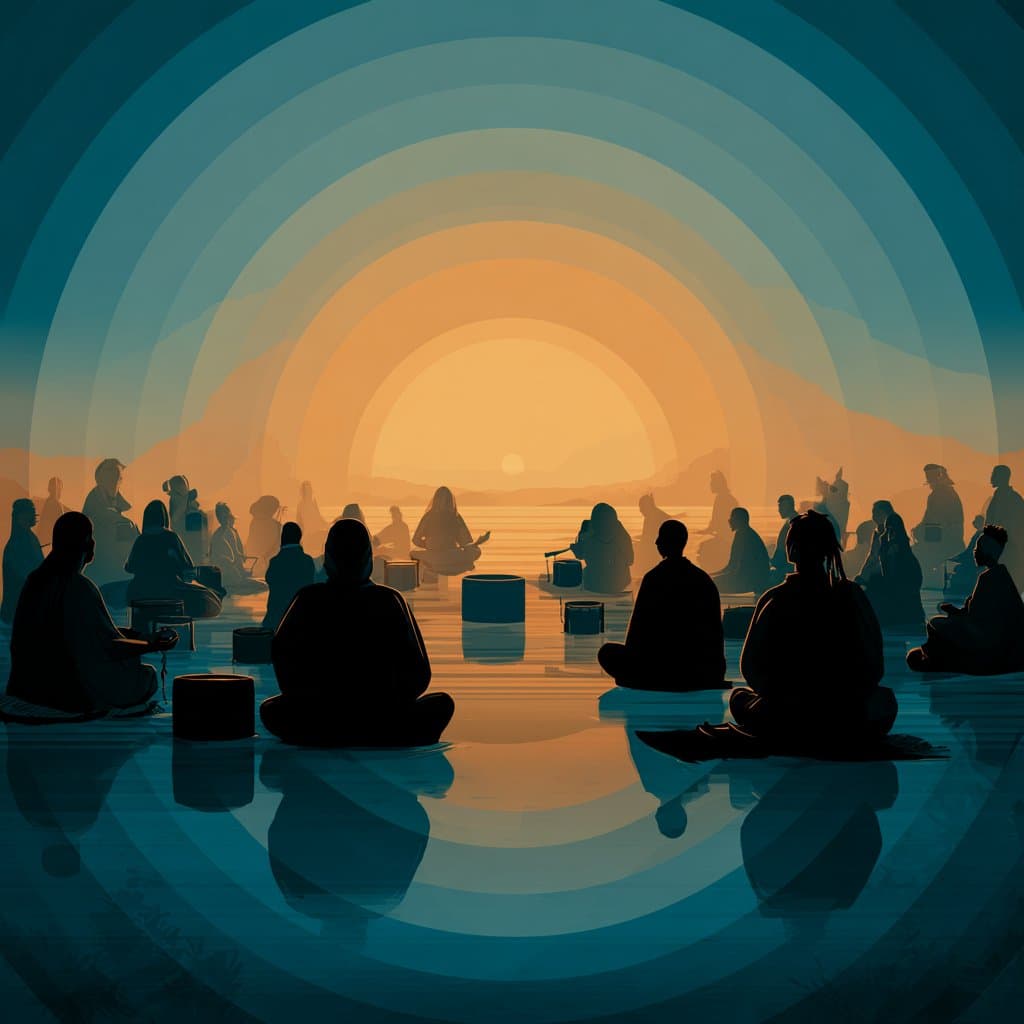 Silhouettes of people meditating and sitting around a sunset by a body of water with mountains in the background.
