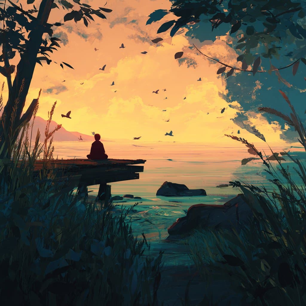 A person sitting alone on a wooden dock by the water during sunset, surrounded by trees and tall grass, with birds flying in the sky.