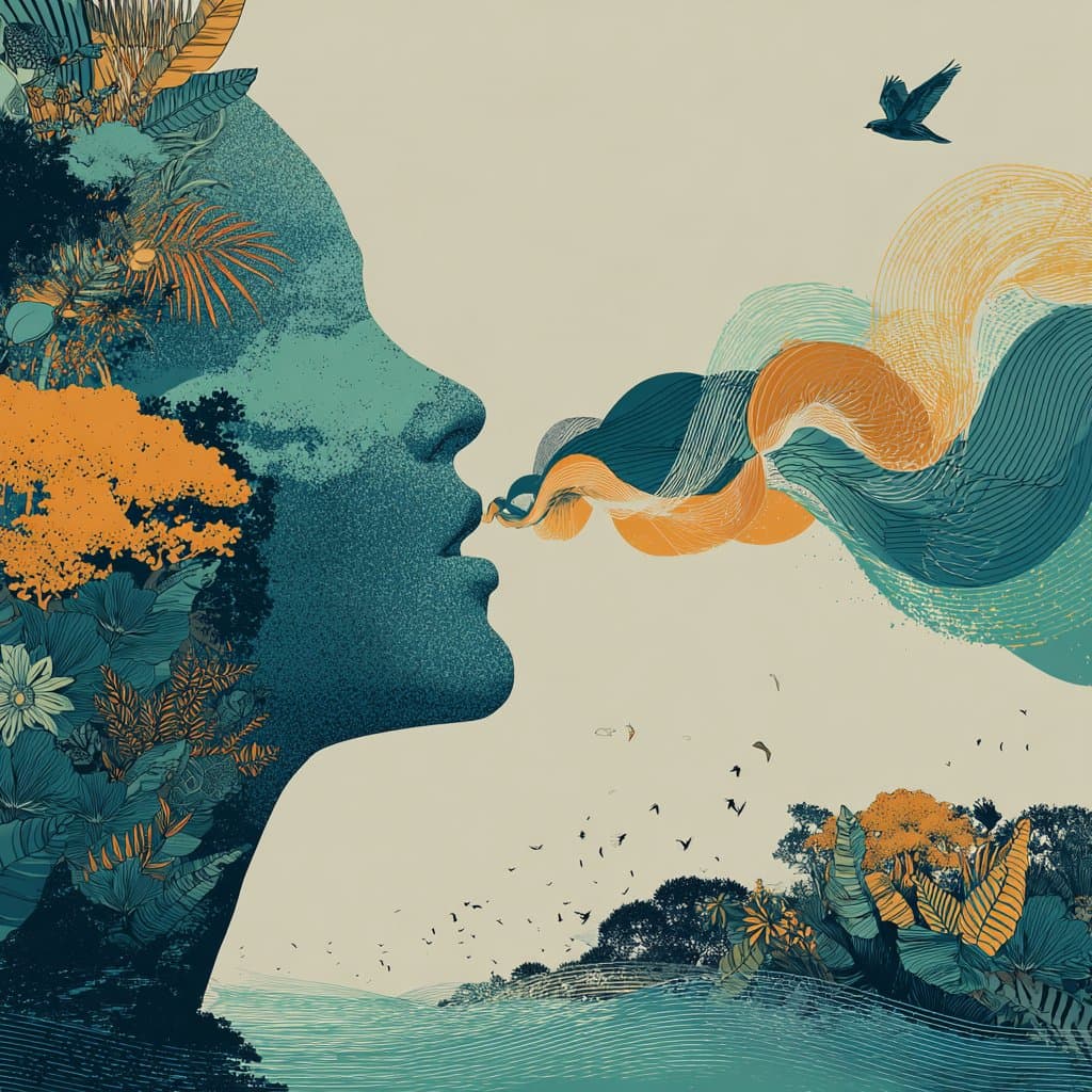 Stylized illustration of a woman's face profile with her hair blending into abstract colorful lines. The scene includes lush plants, trees, birds flying above, and a calm water body below, conveying a connection with nature and breath.